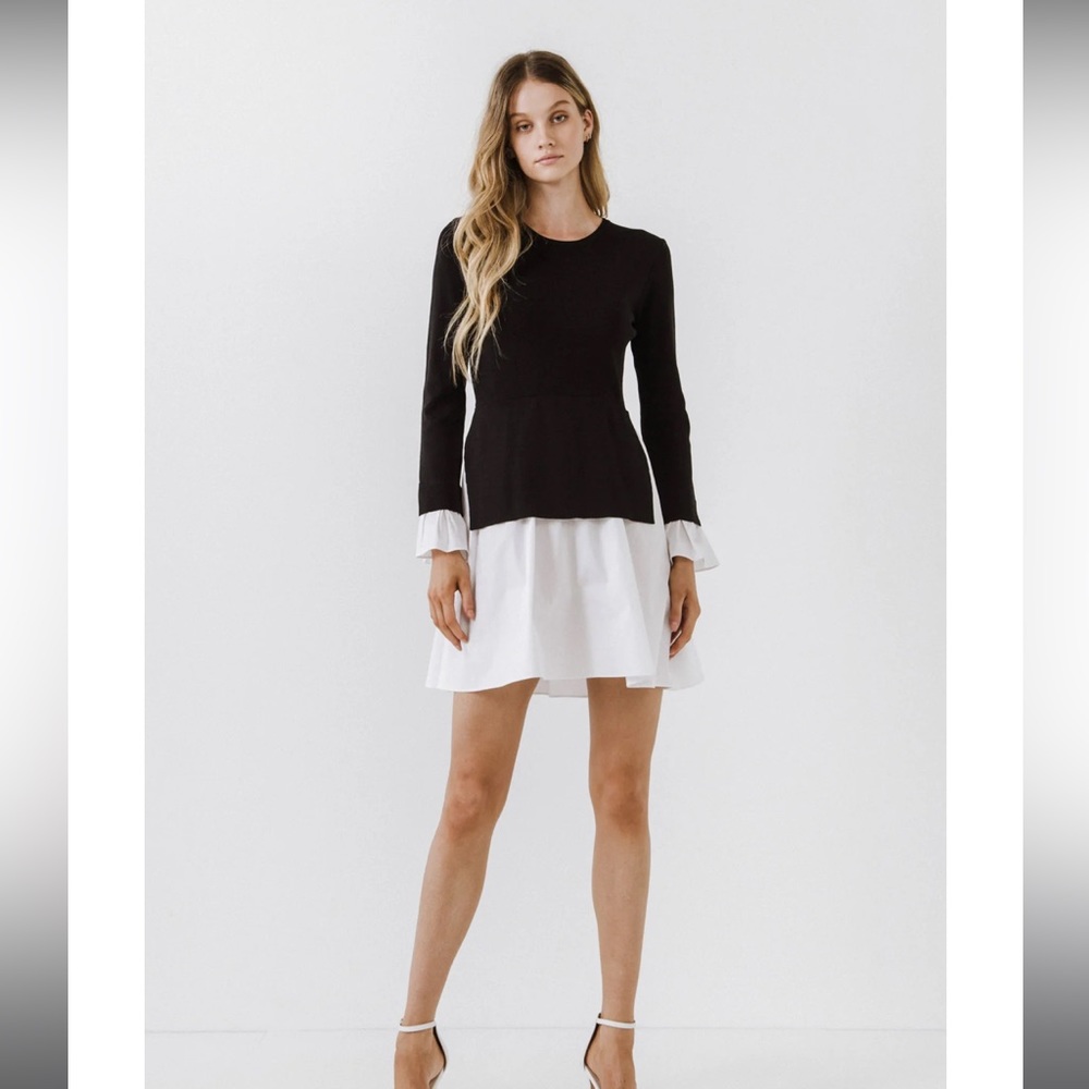 ENGLISH FACTORY POPLIN COMBO KNIT DRESS